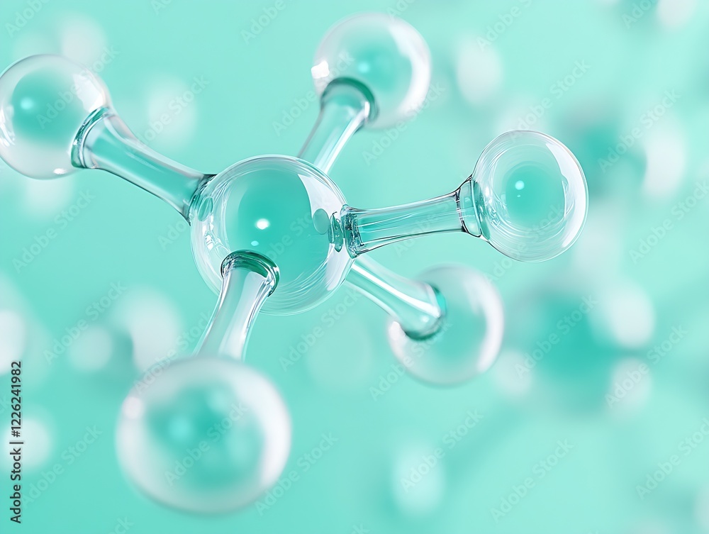 Poster artistic digital illustration of methane molecule on a soft cyan background : generative ai