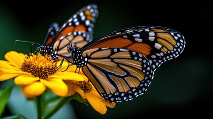 Fototapeta premium Two Monarch butterflies resting on a bright yellow flower against a dark background.