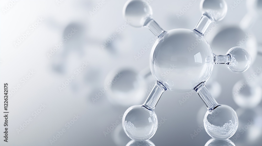 Poster close-up of reflective glass molecule model with intricate atomic connections : generative ai