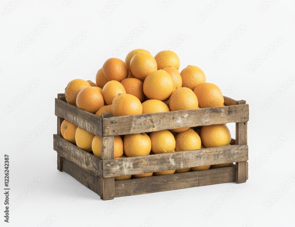 Poster fresh oranges in a rustic wooden crate on white background. (2)