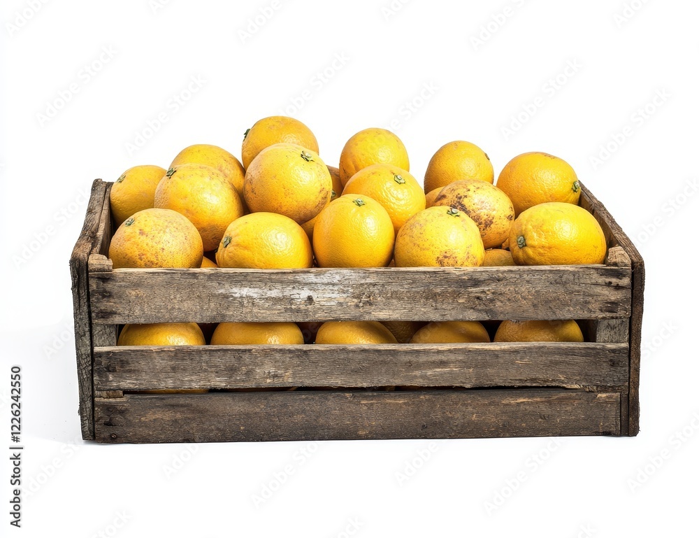 Poster fresh oranges in rustic wooden crate on white.