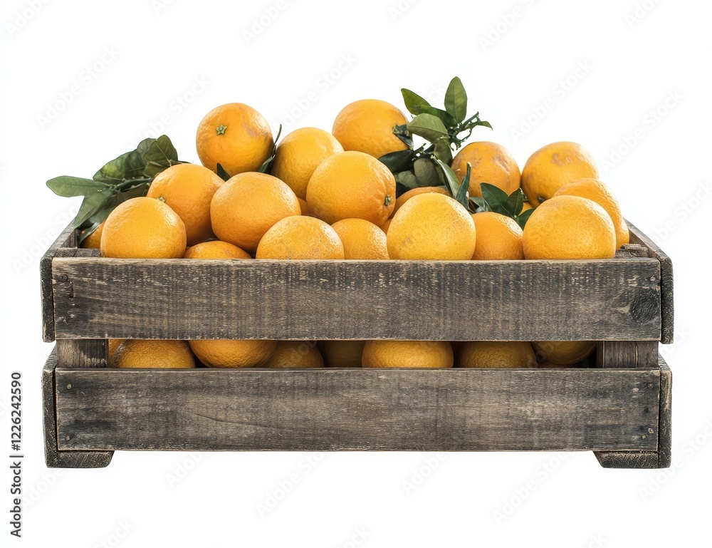 Poster fresh oranges in a rustic wooden crate.