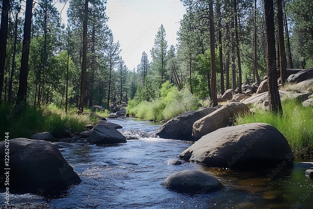 Aufkleber Sunlit Stream Winds Through Dense Pine Forest in Tranquil Setting : Generative AI