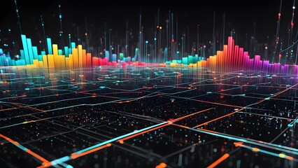 Abstract 3D rendering of a futuristic cityscape with vibrant, colorful data streams and glowing bar graphs, representing digital transformation and data visualization.