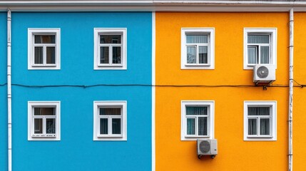 A colorful building facade split between blue and orange sections with white windows.