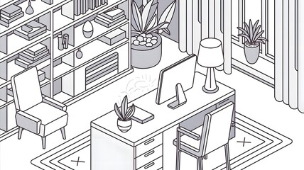 A line art isometric illustration of a modern office space.