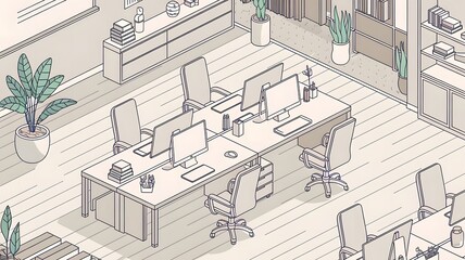 A line art isometric illustration of a modern office space.