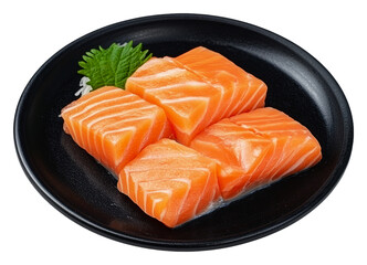 Fresh salmon sashimi served on a black plate isolated on transparent background