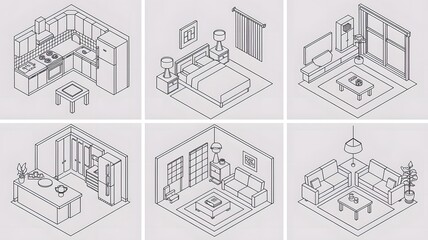 A set of line art isometric illustrations of a kitchen, a bedroom, and a living room.