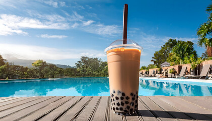 Refreshing Boba Drink by the Poolside on a Sunny Day