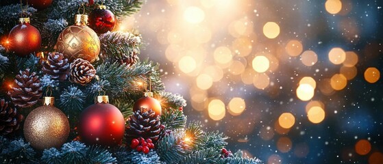Christmas Tree Decorations with Colorful Ornaments and Blurry Lights