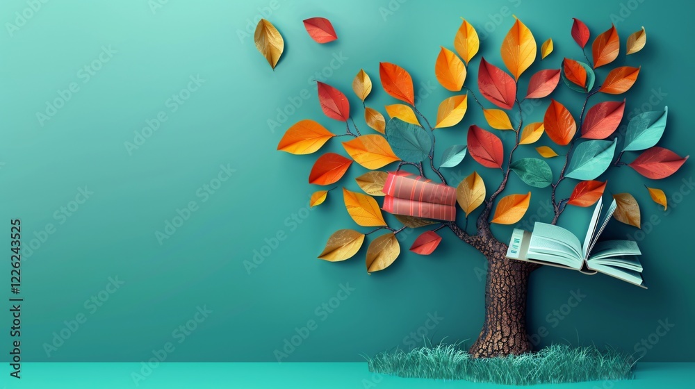 Poster tree growing books as leaves in autumn colors with copy space on turquoise background