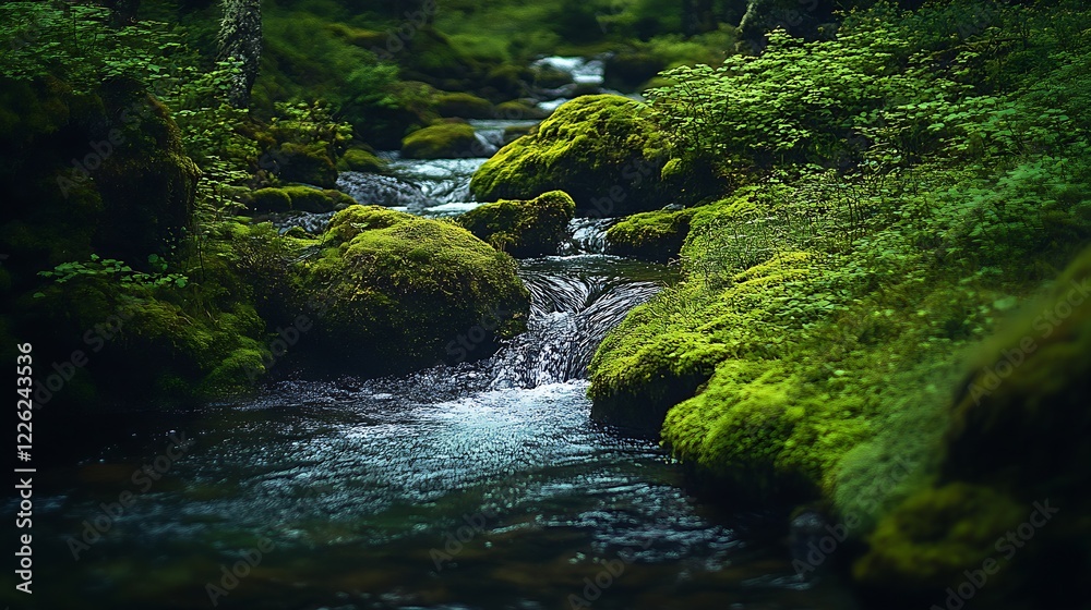 Aufkleber Rustic Moss Laden Stream Flowing in Dense Greenery of Forest Wilderness : Generative AI