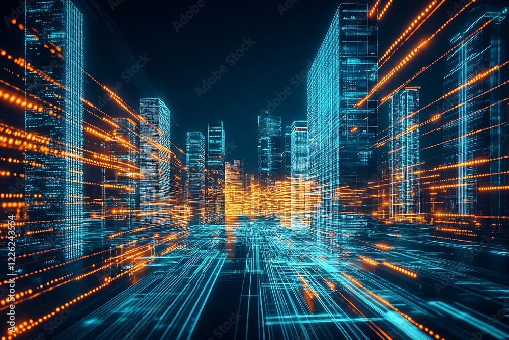 Poster innovative cityscape of a futuristic city with glowing grid and light streams : generative ai