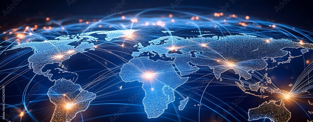 Aufkleber Illuminated World Map Depicting Global Connectivity in a Digital Network Realm : Generative AI