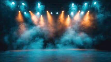 Naklejka premium Stage lights with smoke and empty floor.