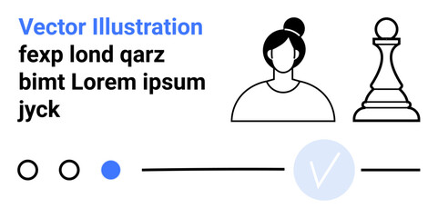Female avatar next to a chess pawn, three circle indicators, a line, and a checkmark icon. Ideal for profile representation, decision-making, strategy, user interface design, hierarchy planning