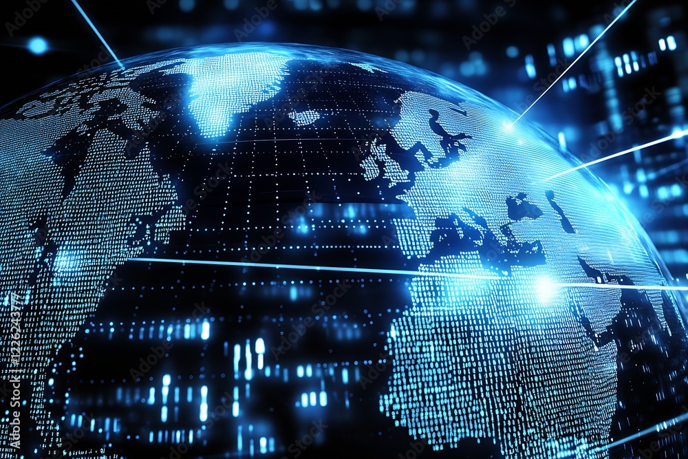 Aufkleber Futuristic digital representation of global network connectivity with illuminated continents : Generative AI