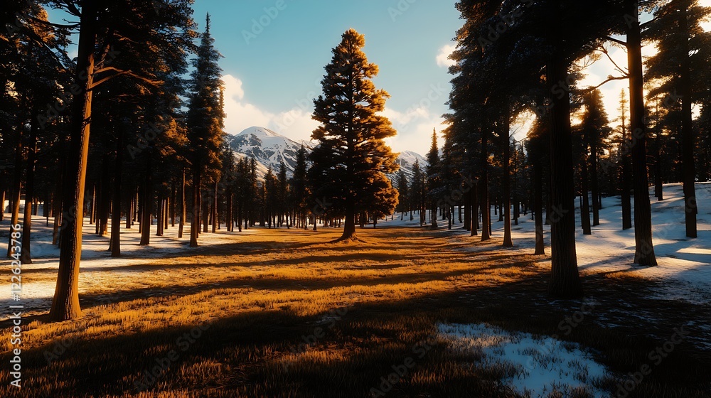 Aufkleber serene winter woodland with golden light enveloping snow-covered grounds : generative ai