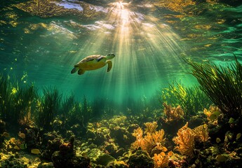 Fototapeta premium Underwater Scene with Sea Turtle Gliding Through Coral Reef with Sunlight Streaming Down and Vibrant Marine Life Beneath the Surface of the Ocean