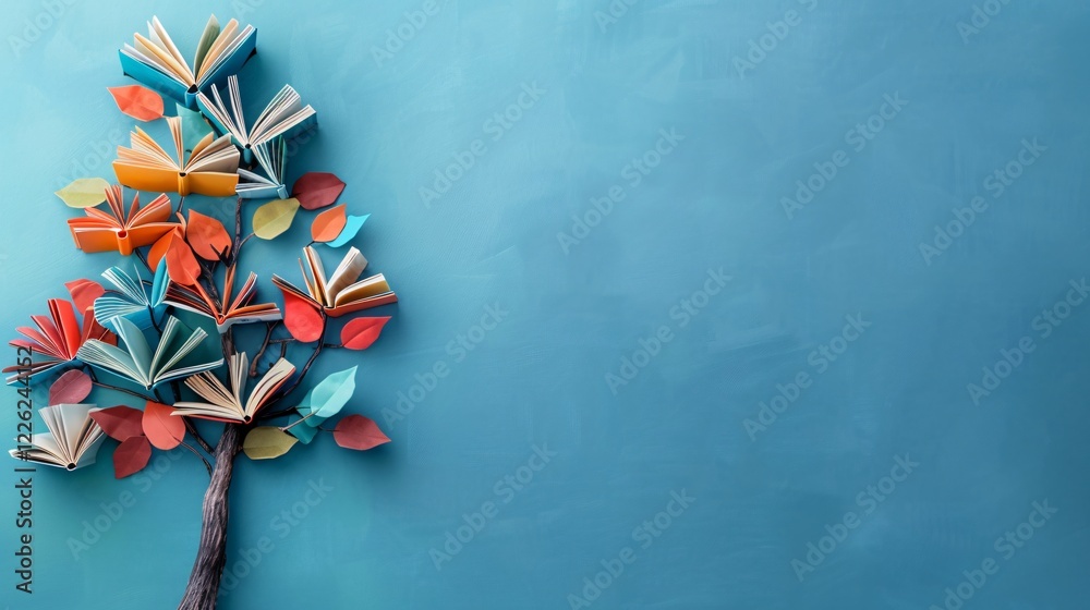 Poster Tree of knowledge growing with colorful open books as leaves on blue background