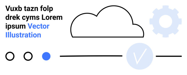 Minimalist design featuring a cloud icon, gear symbol, text blocks, and progress indicators in black and blue. Ideal for web development, cloud services, user interface, technology, software data