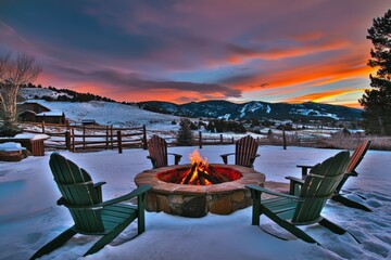 Cozy winter evening by the fire pit with stunning sunset over snow-covered hills and mountain scenery