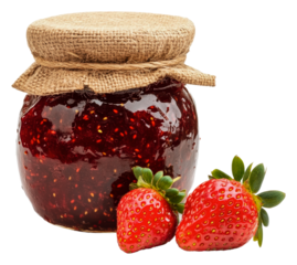 Fresh strawberry jam in glass jar with berries isolated on transparent background