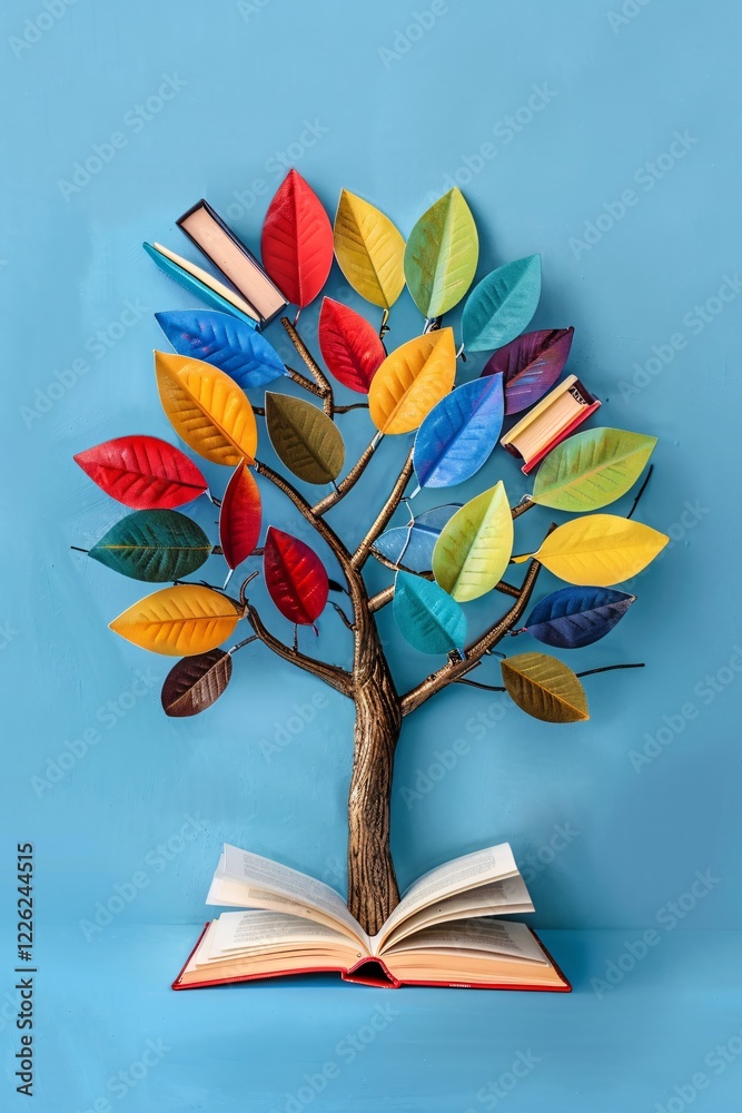 Poster open book transforming into tree with colorful leaves growing out of it on blue background, symboliz