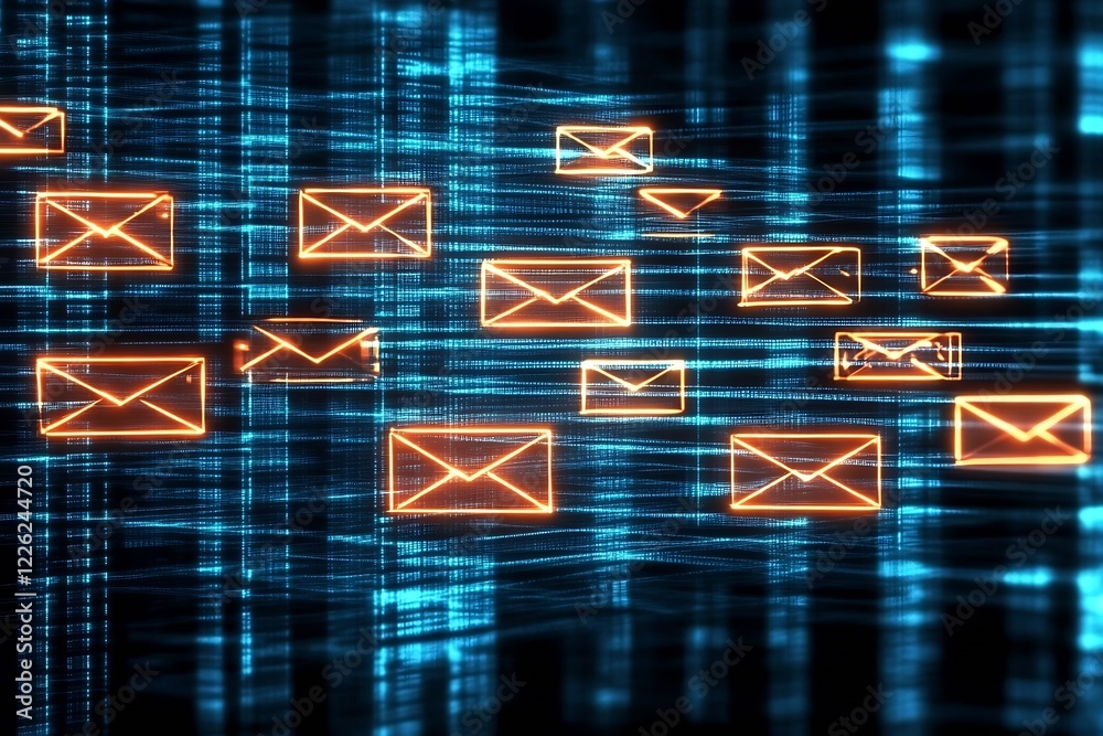 Poster Futuristic email icons floating on a networked digital communication web : Generative AI