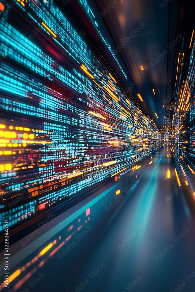Poster Dynamic Digital Data Stream with Vibrant Light Trails in Futuristic Tunnel : Generative AI