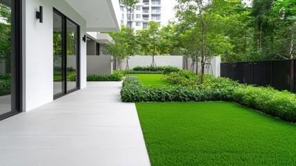 Naklejka premium Modern condo patio, lush garden, city view; real estate