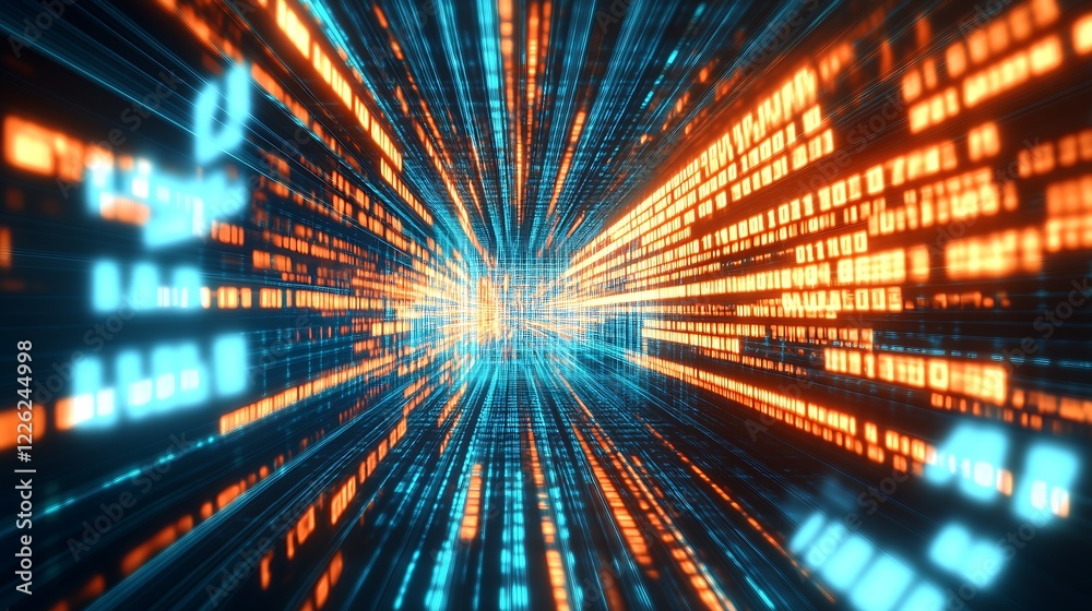 Poster Abstract High-Speed Binary Data Stream in Vibrant Blue and Orange for Futuristic Themes : Generative AI