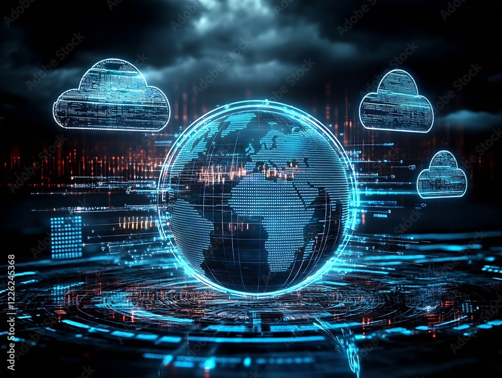 Aufkleber Futuristic Digital Globe with Cloud Computing Elements and Technology Connectivity : Generative AI