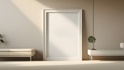 wooden picture frame mounted on the floor mock up design copy space home interior	