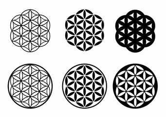 Sacred geometry vector set, flower of life symbols, black and white geometric patterns, spiritual mandala design, mystical esoteric art, symmetrical abstract shapes, vector icons.