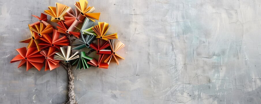 Colorful tree made of open books against a gray concrete wall background