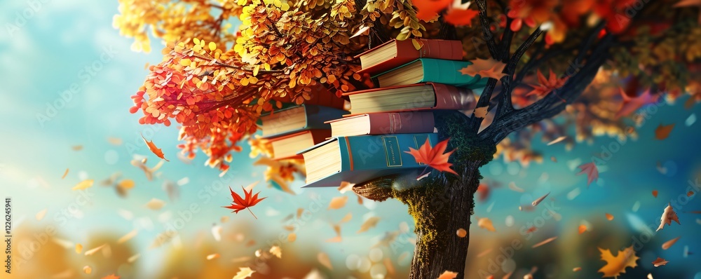 Poster Stack of colorful books on a tree branch with autumn leaves blowing in the wind