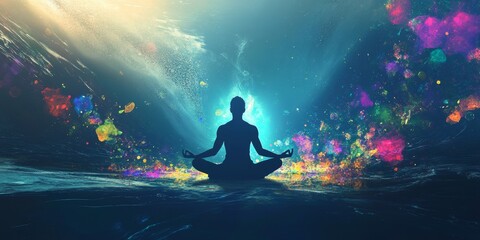 Meditating figure surrounded by colorful bursts of light in a tranquil setting at dawn