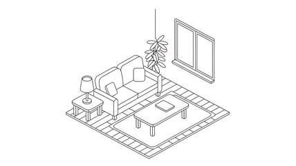 Fototapeta premium A line art isometric illustration of a room with a sofa, a coffee table, a lamp, and a plant.