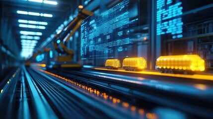 Automated factory Robotic arms move glowing cargo on conveyor belt, digital display shows production data. Use Industrial automation