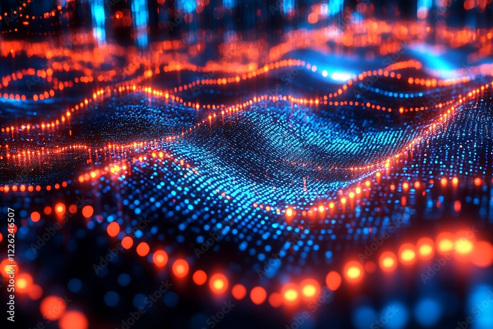 Poster vibrant abstract digital wave pattern with blue and orange light effects : generative ai