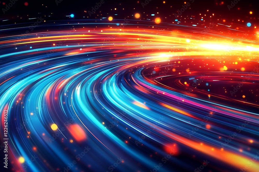 Poster vibrant twisting stream of dynamic blue and orange light trails for digital designs : generative ai