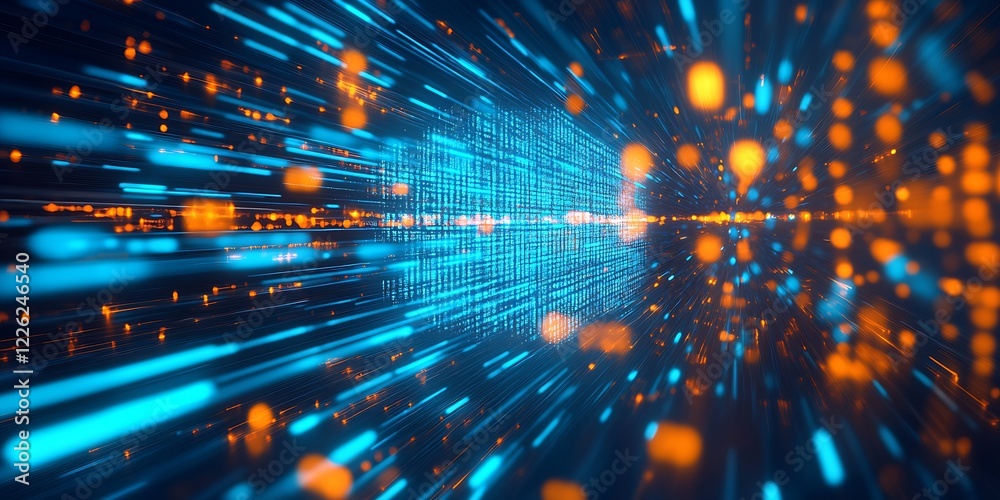 Poster Abstract Digital Data Stream Motion in Blue and Orange Light Art : Generative AI