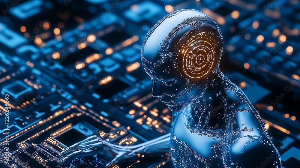 Poster Futuristic AI Robot Interacting with Circuit Board in Tech Environment : Generative AI