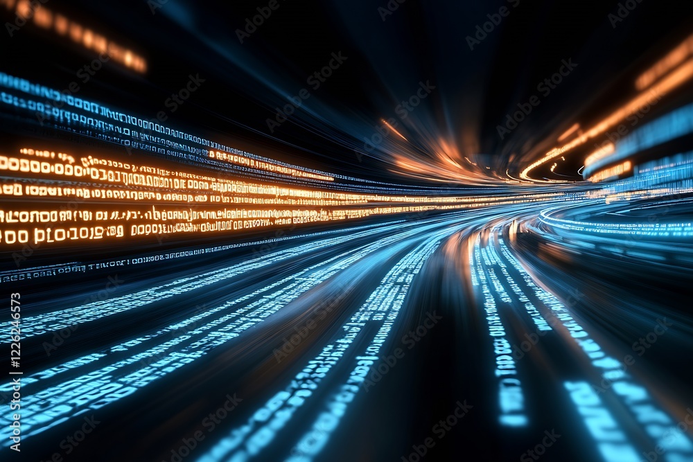 Poster Futuristic Cyber Network with Light Trails and Digital Code in High Speed : Generative AI
