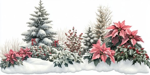 Colorful Winter Garden with Poinsettias, Evergreen Trees, Holly Berries, and Snowy Landscape in Festive Scene