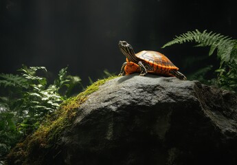 Vibrant turtle resting on a moss-covered rock surrounded by lush greenery and soft light filtering through a serene forest environment
