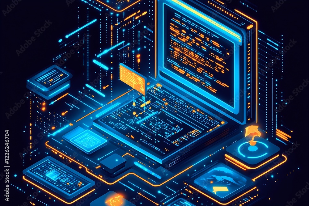 Aufkleber High-Tech Circuit Board with Neon Lit Elements and Digital Code Display : Generative AI