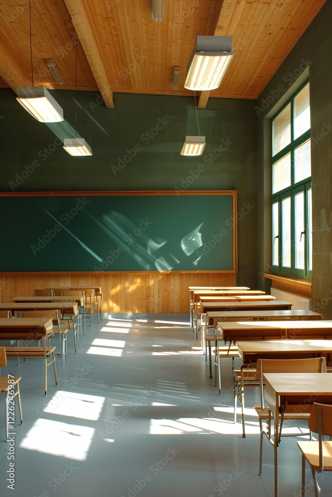 Poster sunlit empty classroom with blackboard and wooden desks